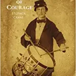 Vintage book cover of "The Red Badge of Courage" by Stephen Crane, depicting a soldier in battle, highlighting themes of war and heroism.