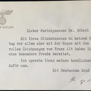 RARE ORIGINAL PERSONAL STATIONARY NOTE CARD, SIGNED (AUTOGRAPHED) BY ADOLF HITLER CERTIFIED