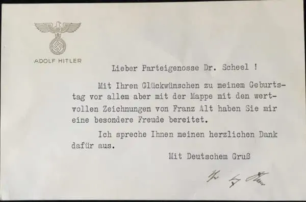 RARE ORIGINAL PERSONAL STATIONARY NOTE CARD, SIGNED (AUTOGRAPHED) BY ADOLF HITLER CERTIFIED