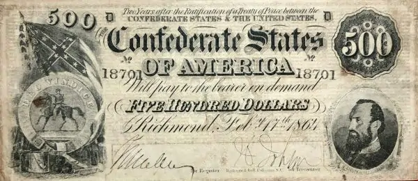 Outstanding Original Confederate $500 Stonewall Jackson 1864 Note (Confederate Money) Certified By The Gettysburg Museum Of History