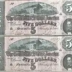 2x Original Un-Circulated Consecutive Numbered Confederate $5.00 Note 1864 (Confederate Money) Certified By The Gettysburg Museum Of History