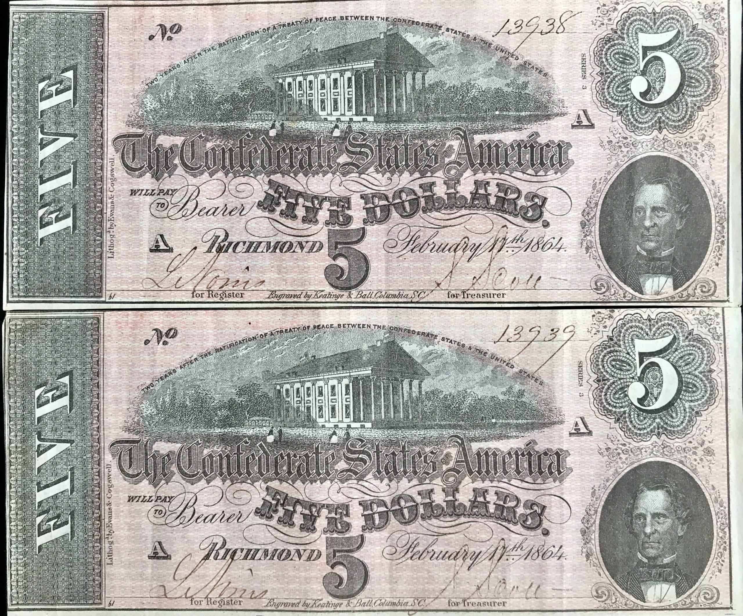 2x-original-un-circulated-consecutive-numbered-confederate-5-00-note