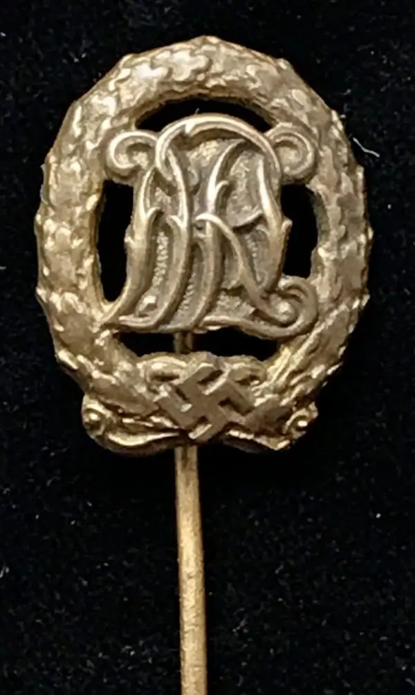 Original WWII Era German Stick Pin Version Of the DRL Sports Badge In Bronze Maker Marked Certified