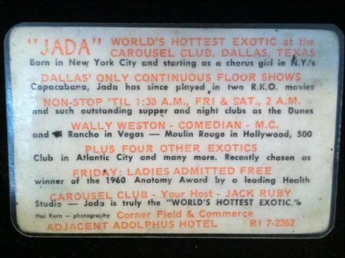 Display of Jack Ruby's nightclub memorabilia, including his Jada card