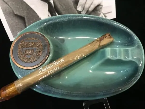 President John F. Kennedy's Harvard Seal Ash Tray Used In The Oval Office With Evelyn Lincoln Letter Plus JFK's Cigar And Holder