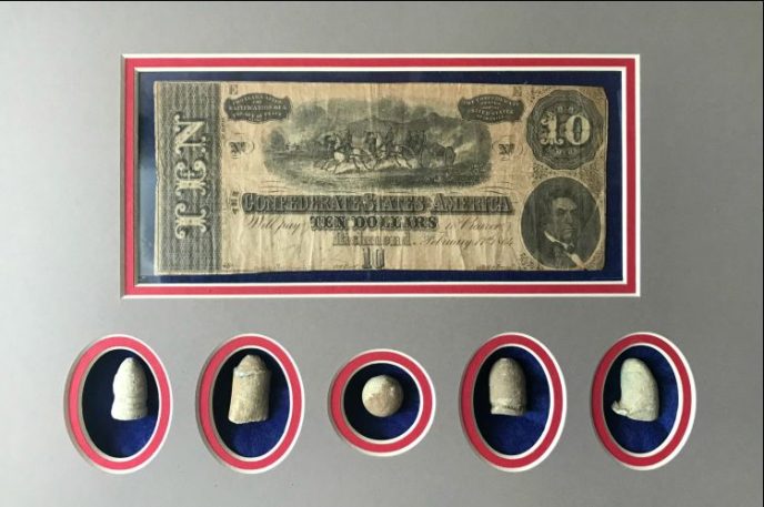 Artifact Display Cases - Confederate Money and Civil War Bullets