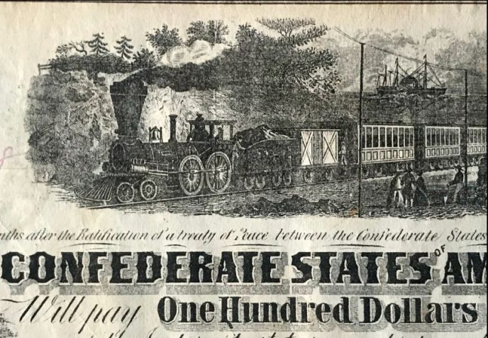 Detailed view of the Confederate $100 Train Note, a rare Civil War-era currency