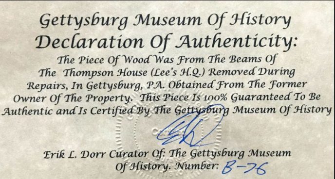 Historical wood artifact from Robert E. Lee museum Gettysburg PA