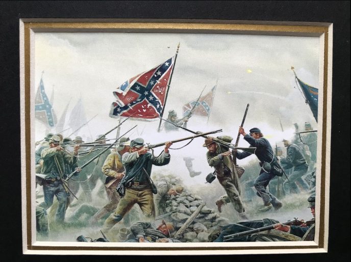 Close-up of Battle of Gettysburg relics from Pickett’s Charge, displayed in a glass case