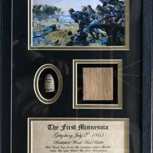 The First Minnesota Battlefield Wood and Bullet Display Gettysburg In Collectors Glass Case