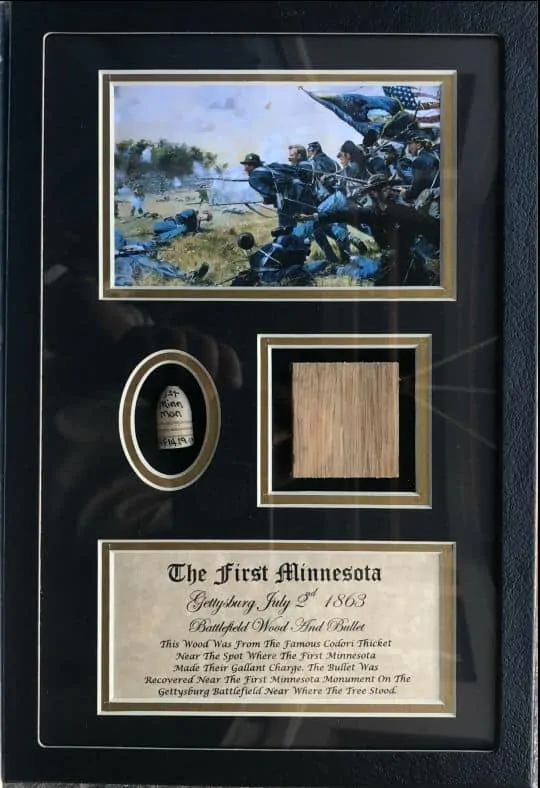 The First Minnesota Battlefield Wood and Bullet Display Gettysburg In Collectors Glass Case