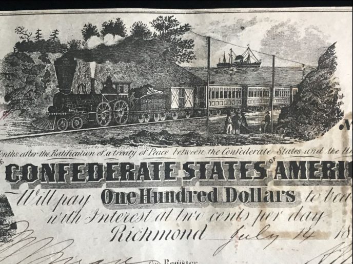 Close-up of the Confederate $100 Train Note, a rare and certified piece of Civil War history