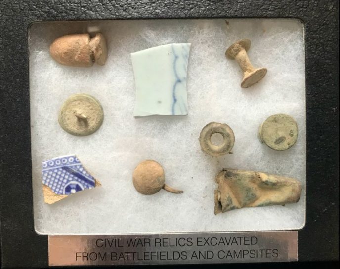 Authentic Civil War relics excavated in Virginia, displayed in collector's case