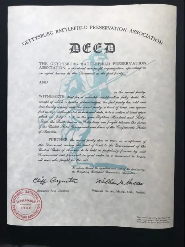 Authentic 1959 "Deed To The Gettysburg Battlefield" Cliff Arquette AKA Charlie Weaver