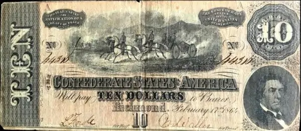 Authentic Civil War Confederate Money, $10.00 Standard Grade Certified By The Gettysburg Museum Of History