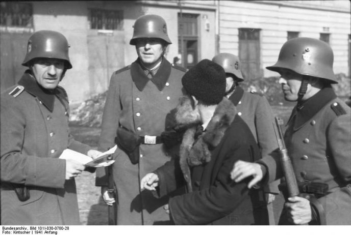 Side view of the WWII German Field Police M-35 helmet, displayed as part of a certified collection