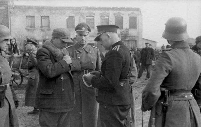 Detailed image of WWII German M-35 Field Police helmet, brought back as a war trophy by a U.S. veteran