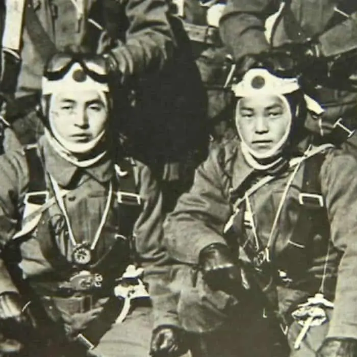 Group photo of WWII Japanese pilots in flight uniforms