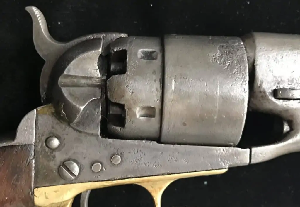 Close-up view of the Colt Army revolver from the Civil War