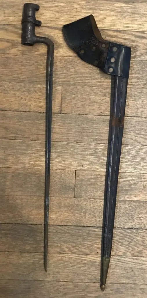 Close-up of the Springfield bayonet blade and scabbard from the Civil War