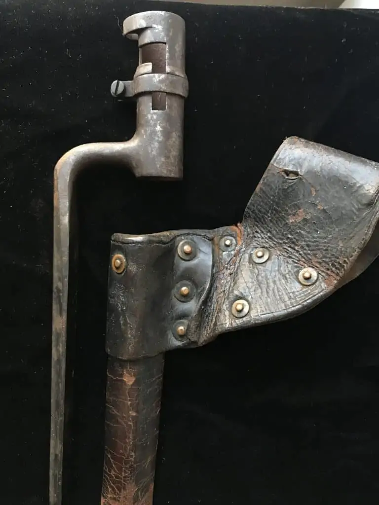 Detailed view of the Springfield bayonet hilt and scabbard, Civil War relic