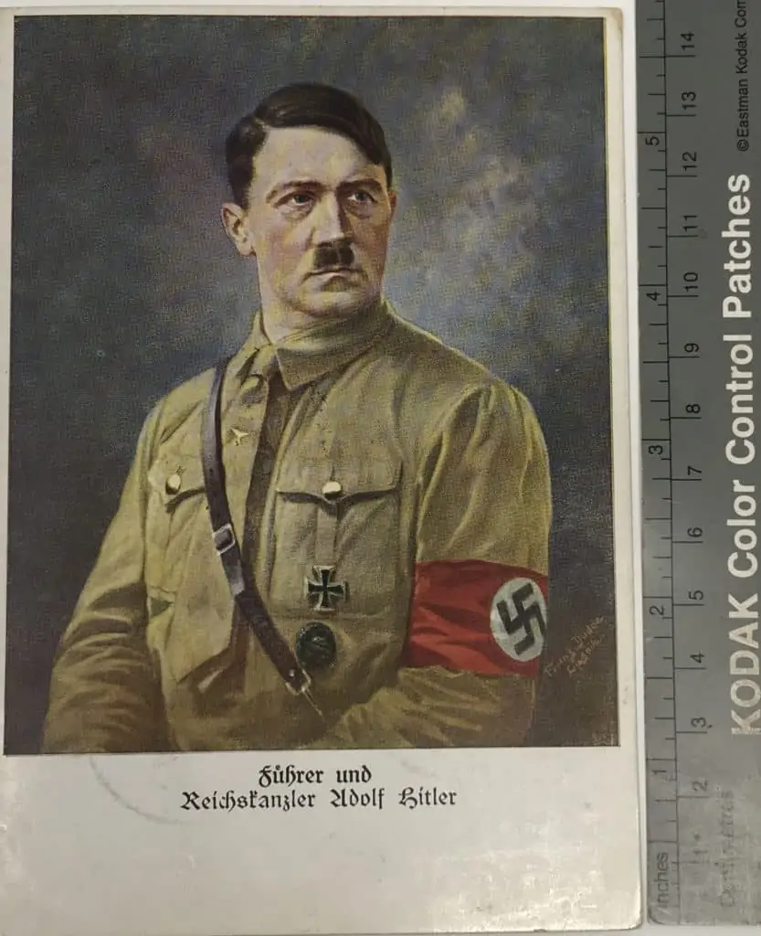 Back view of classic Adolf Hitler color postcard, circa 1930s, certified