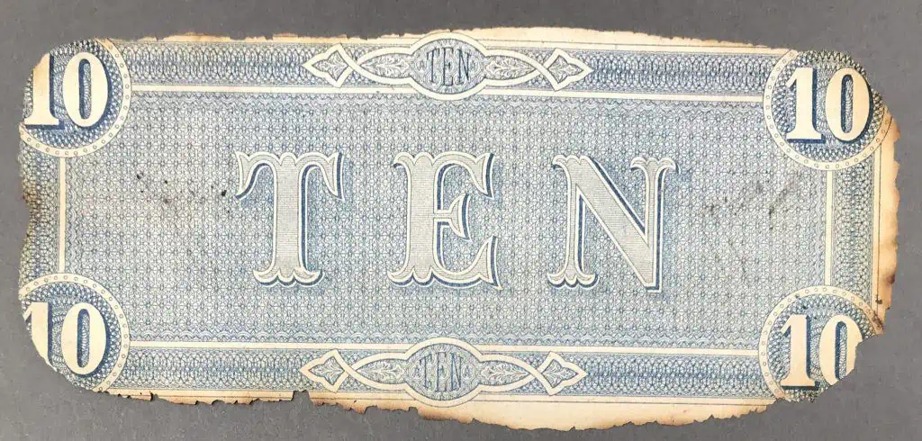 Original Confederate note with burn damage from Sherman's troops, certified by Gettysburg Museum