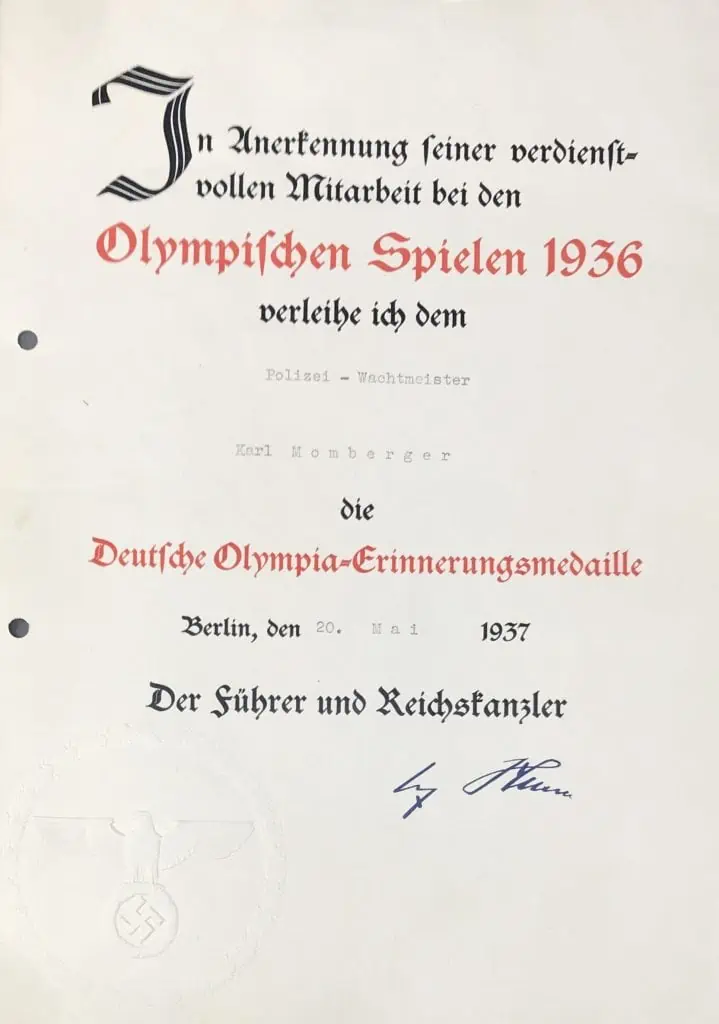 Rare Hitler 1936 Olympic Document & Medal at Gettysburg Museum