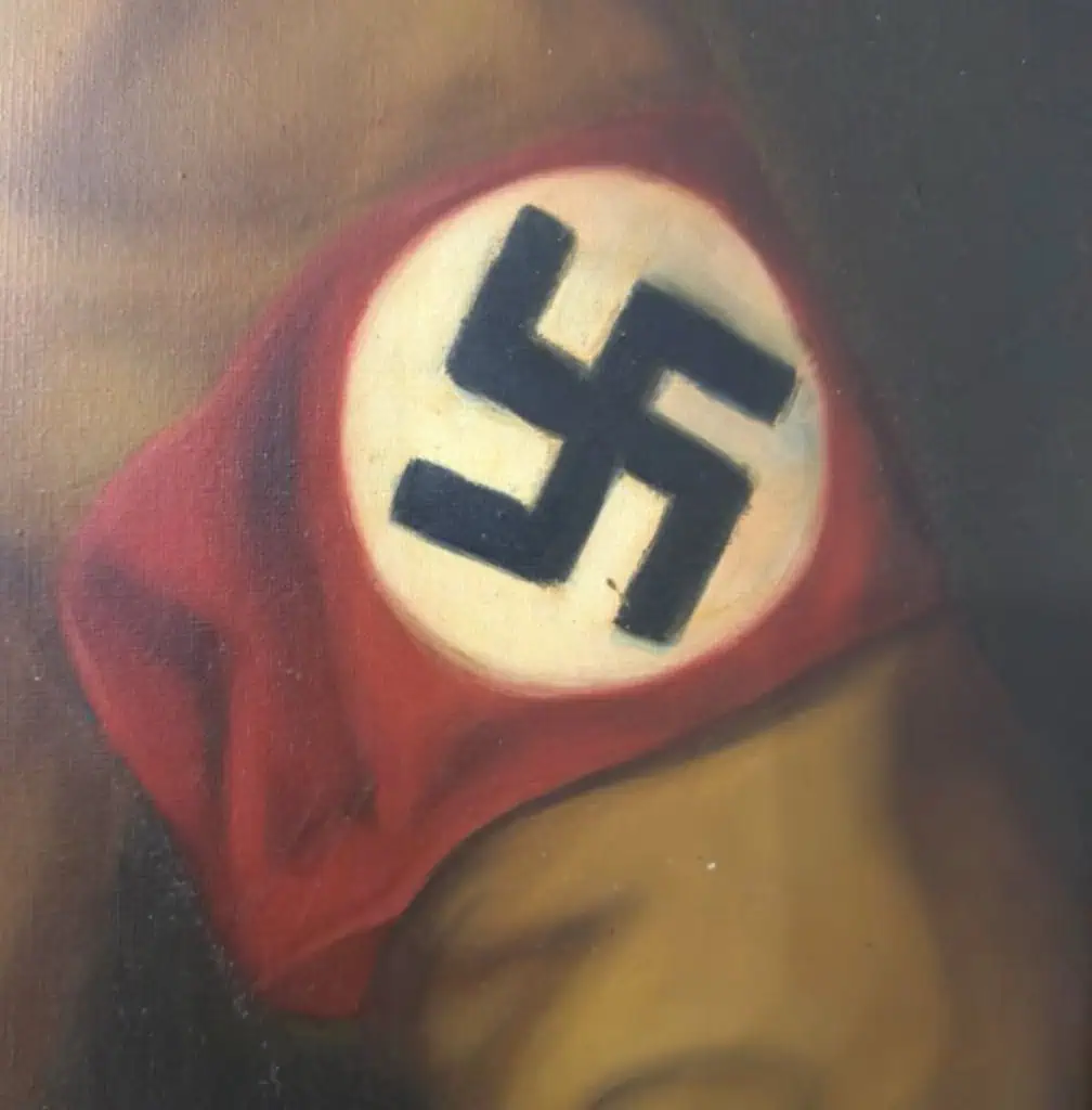 Close-up of Adolf Hitler's face in life-size painting by Conrad Hommel